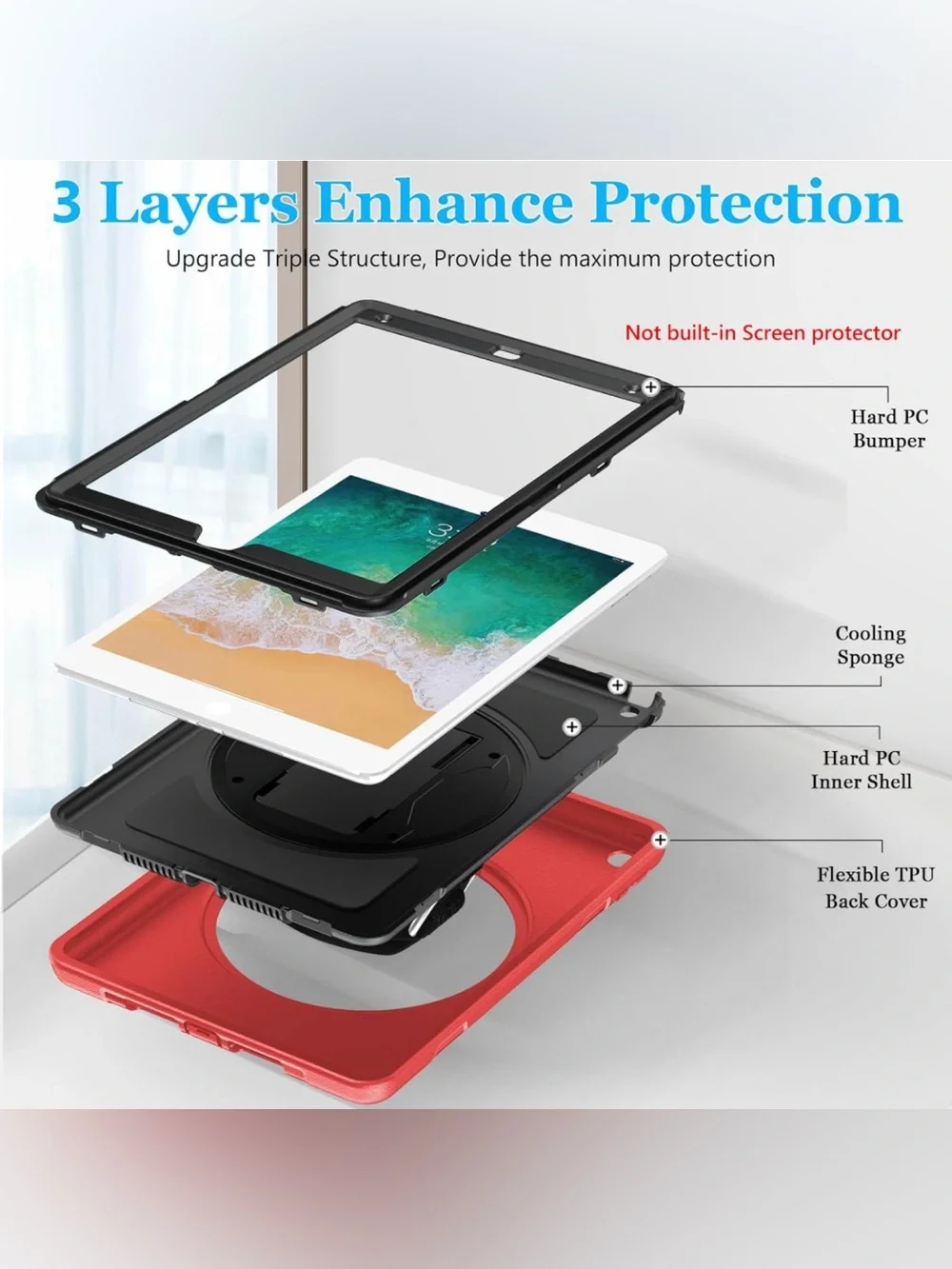 Rugged Red Tablet Case with Rotating Hand Strap for iPad 9.7